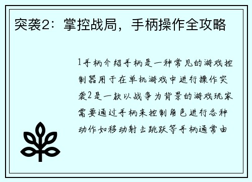 突袭2：掌控战局，手柄操作全攻略